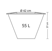 Skiss av en blomkruka med måtten diameter 42 centimeter, höjd 37 centimeter och 55 liter volym