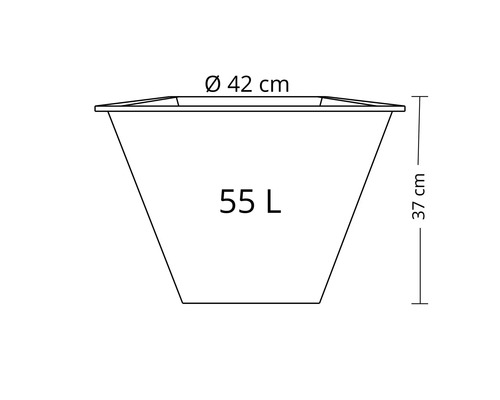 Skiss av en blomkruka med måtten diameter 42 centimeter, höjd 37 centimeter och 55 liter volym