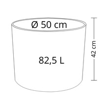 Skiss av en planteringslåda med måtten 50 centimeter i diameter, 42 centimeter hög och en volym på 82,5 liter