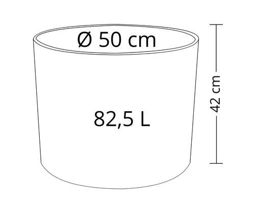 Skiss av en planteringslåda med måtten 50 centimeter i diameter, 42 centimeter hög och en volym på 82,5 liter