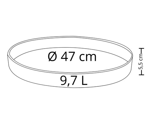Blomfat med en diameter på 47 centimeter och en volym på 9,7 liter