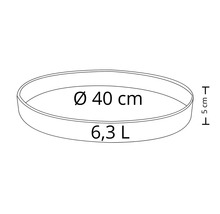 Planteringsskål med en diameter på 40 centimeter och en volym på 6,3 liter.