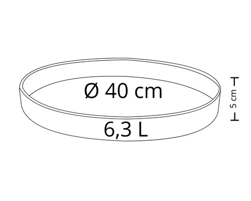 Planteringsskål med en diameter på 40 centimeter och en volym på 6,3 liter.