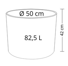 Teknisk ritning av en planteringskärl med måtten 50 cm i diameter, 42 cm i höjd och 82,5 liter i volym