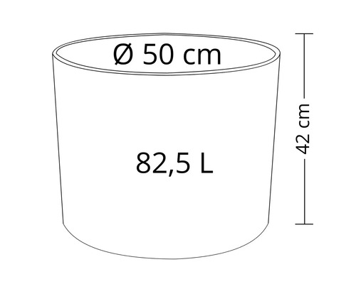 Teknisk ritning av en planteringskärl med måtten 50 cm i diameter, 42 cm i höjd och 82,5 liter i volym