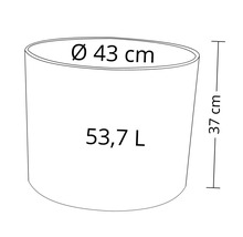 Teknisk ritning av en växtlåda med måtten 43 centimeter i diameter och 37 centimeter i höjd, och en volym på 53,7 liter