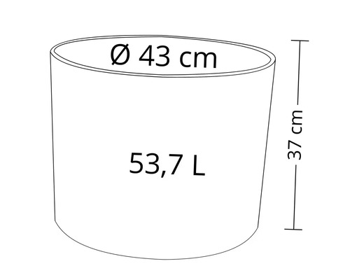 Teknisk ritning av en växtlåda med måtten 43 centimeter i diameter och 37 centimeter i höjd, och en volym på 53,7 liter