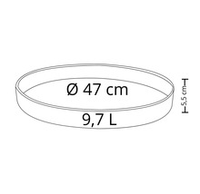 Rund blomskål med en diameter på 47 cm och en volym på 9,7 liter.