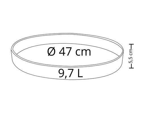 Rund blomskål med en diameter på 47 cm och en volym på 9,7 liter.