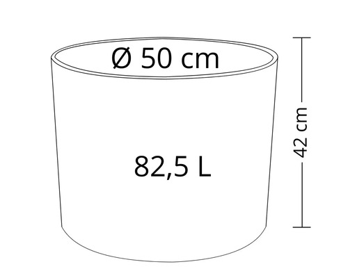 Bild av en växtbehållare med måtten 50 centimeter i diameter, 42 centimeter i höjd och en volym på 82,5 liter.