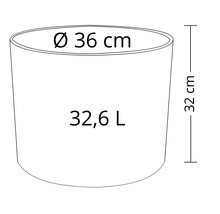 Teknisk ritning av en planteringskruka med måtten diameter 36 centimeter, höjd 32 centimeter och volym 32,6 liter