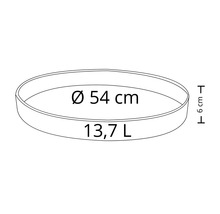 Skiss av en rund planteringsskål med en diameter på 54 centimeter, en höjd på 6 centimeter och en volym på 13,7 liter