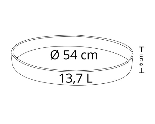 Skiss av en rund planteringsskål med en diameter på 54 centimeter, en höjd på 6 centimeter och en volym på 13,7 liter