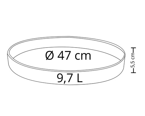 Rund planteringsskål med en diameter på 47 cm och en volym på 9,7 liter