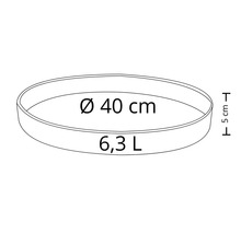 Rund planteringsskål med en diameter på 40 centimeter och en volym på 6,3 liter.