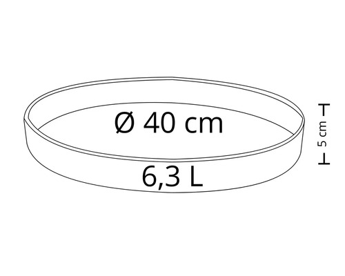 Rund planteringsskål med en diameter på 40 centimeter och en volym på 6,3 liter.