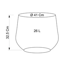 Skiss av en planteringslåda med måtten 41 centimeter i diameter, 32,5 centimeter i höjd och 26 liter i volym
