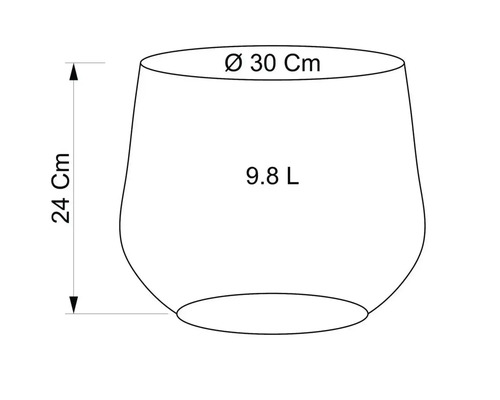 Skiss av en planteringskruka med måtten 30 centimeter i diameter, 24 centimeter i höjd och en volym på 9,8 liter