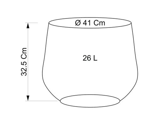Skiss av en blomkruka med måtten 32,5 cm höjd, 41 cm diameter och 26 liter volym.
