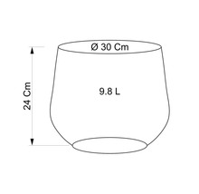 Skiss av en blomkruka med måtten 30 cm i diameter, 24 cm hög och en volym på 9,8 liter