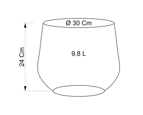 Skiss av en blomkruka med måtten 30 cm i diameter, 24 cm hög och en volym på 9,8 liter