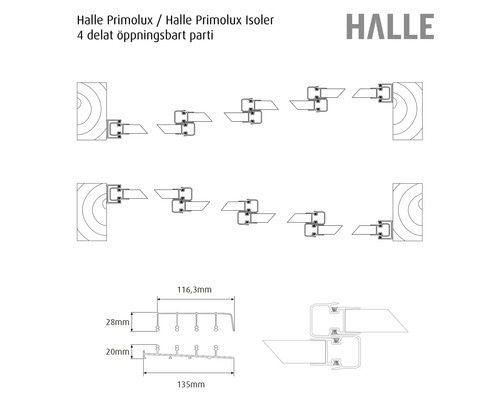 Halle Primolux Isoler detaljritning av 4-delad skjutdörr