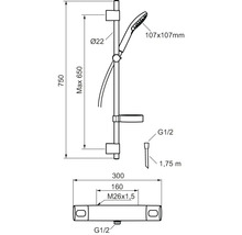 Måttritning av en duscharmatur med handdusch och duschstång
