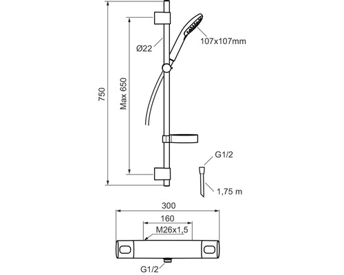Måttritning av en duscharmatur med handdusch och duschstång