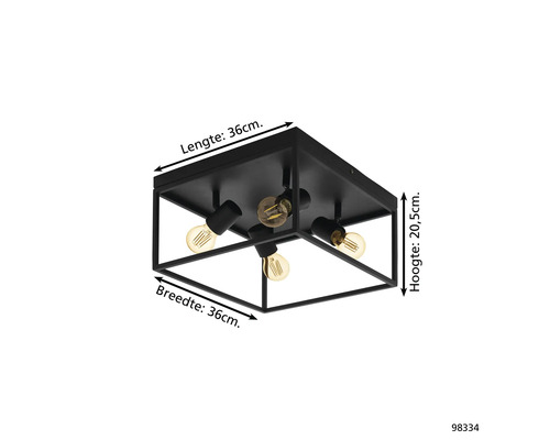 Svart taklampa med fyra glödlampor och fyrkantig form