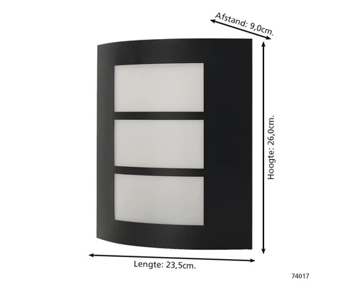 Vägglampa med måtten 26,0 cm höjd, 23,5 cm längd och 9,0 cm avstånd.