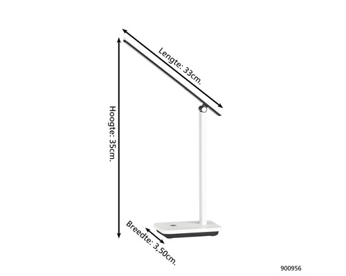 Bordslampa med måtten 33 cm längd, 35 cm höjd och 3,5 cm bredd.