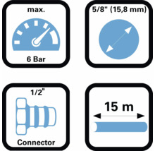 Tekniska data: maximalt 6 bar, 5/8 tum (15,8 millimeter), 1/2 tums kontakt, 15 meter slanglängd