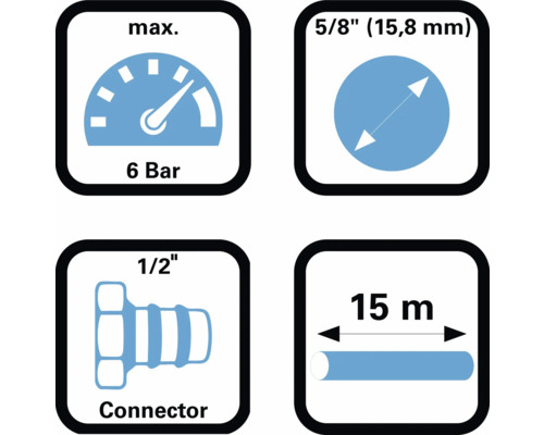 Tekniska data: maximalt 6 bar, 5/8 tum (15,8 millimeter), 1/2 tums kontakt, 15 meter slanglängd