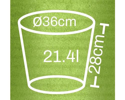 Diagram över en planteringskärl med måtten diameter 36 centimeter, höjd 28 centimeter och 21,4 liter volym