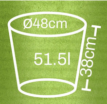 Diagram över en växtbehållare med måtten diameter 48 centimeter, höjd 38 centimeter och volym 51,5 liter