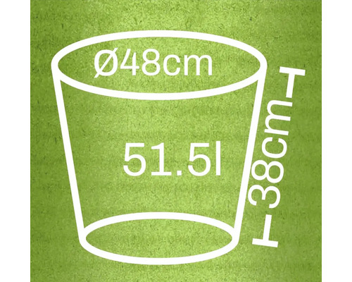Diagram över en växtbehållare med måtten diameter 48 centimeter, höjd 38 centimeter och volym 51,5 liter