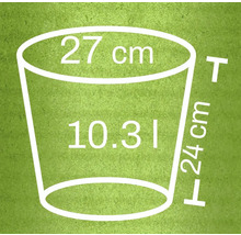 Skiss av en planteringskruka med måtten 27 centimeter, 24 centimeter och en volym på 10,31 liter