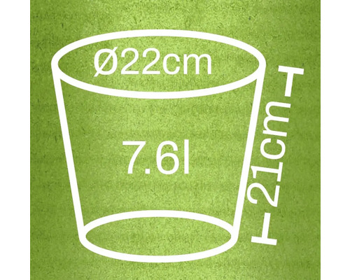 Illustration av måtten på en blomkruka: 22 cm diameter, 21 cm höjd, 7,6 liter volym
