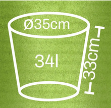 Skiss av en planteringslåda med måtten diameter 35 centimeter, höjd 33 centimeter och volym 34 liter.