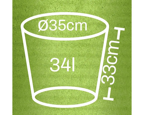 Skiss av en planteringslåda med måtten diameter 35 centimeter, höjd 33 centimeter och volym 34 liter.