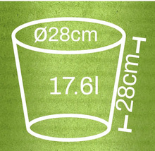 Blomkruka med en diameter på 28 cm, en höjd på 28 cm och en volym på 17,61 liter.