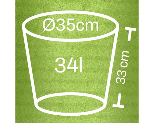 Illustration av en blomkruka med måtten diameter 35 cm, höjd 33 cm och 34 liter volym