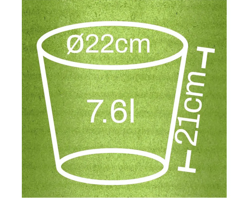 Illustration av en blomkruka med måtten diameter 22 cm, höjd 21 cm och en volym på 7,6 liter