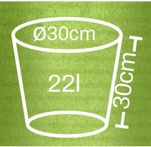Illustration av en växtbehållare med måtten 30 centimeter i diameter, 30 centimeter i höjd och en volym på 22 liter