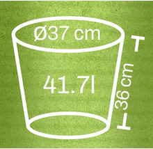 Skiss av en planteringskruka med måtten 37 centimeter i diameter, 36 centimeter i höjd och 41,71 liter i volym
