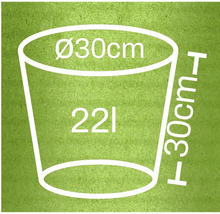 Skiss av en planteringskruka med måtten 30 centimeter i diameter, 30 centimeter hög och en volym på 22 liter