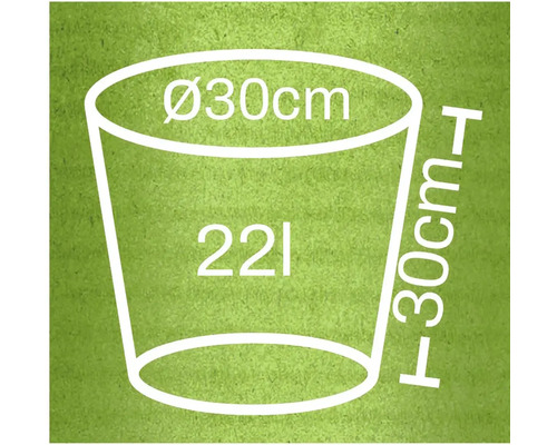 Skiss av en planteringskruka med måtten 30 centimeter i diameter, 30 centimeter hög och en volym på 22 liter
