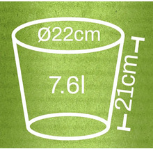 Skiss av en planteringslåda med måtten 22 cm diameter, 21 cm höjd och 7,6 liter volym