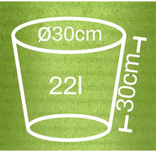Diagram över en blomkruka med måtten 30 cm i diameter och 30 cm i höjd, volym 22 liter