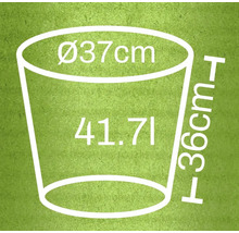 Bild på en planteringslåda med måtten: diameter 37 cm, höjd 36 cm och en volym på 41,71 liter.